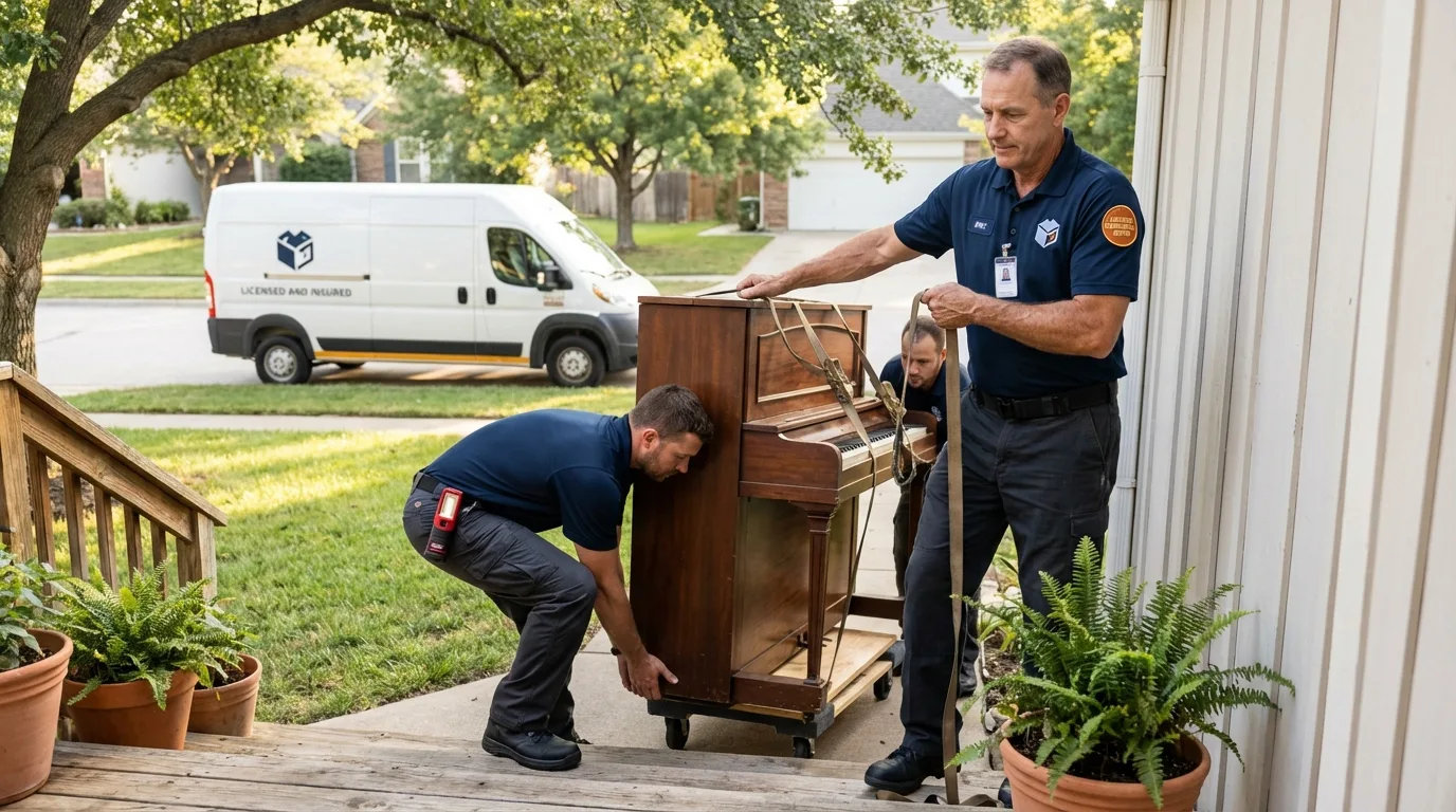 Licensed piano movers securing grand piano in Pleasant Hill, MO