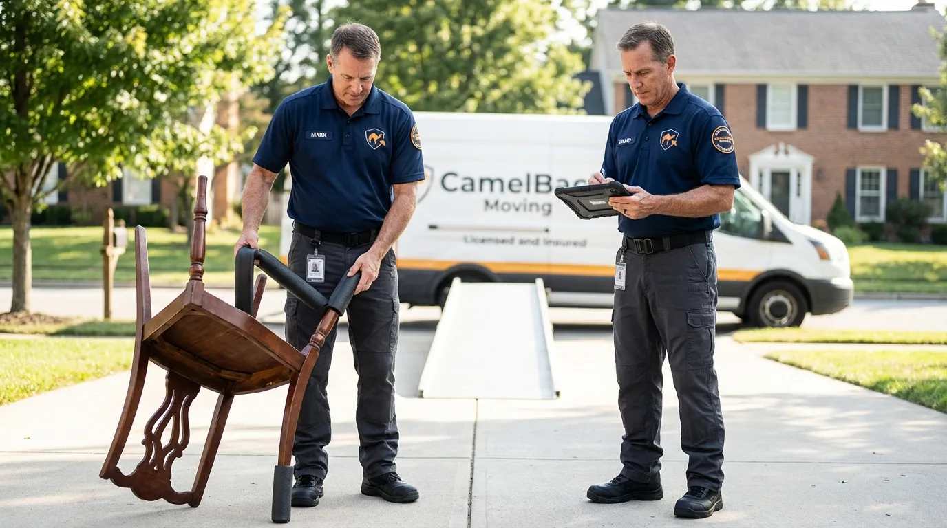 Movers inspecting furniture for damage prevention before loading in Pleasant Hill, MO