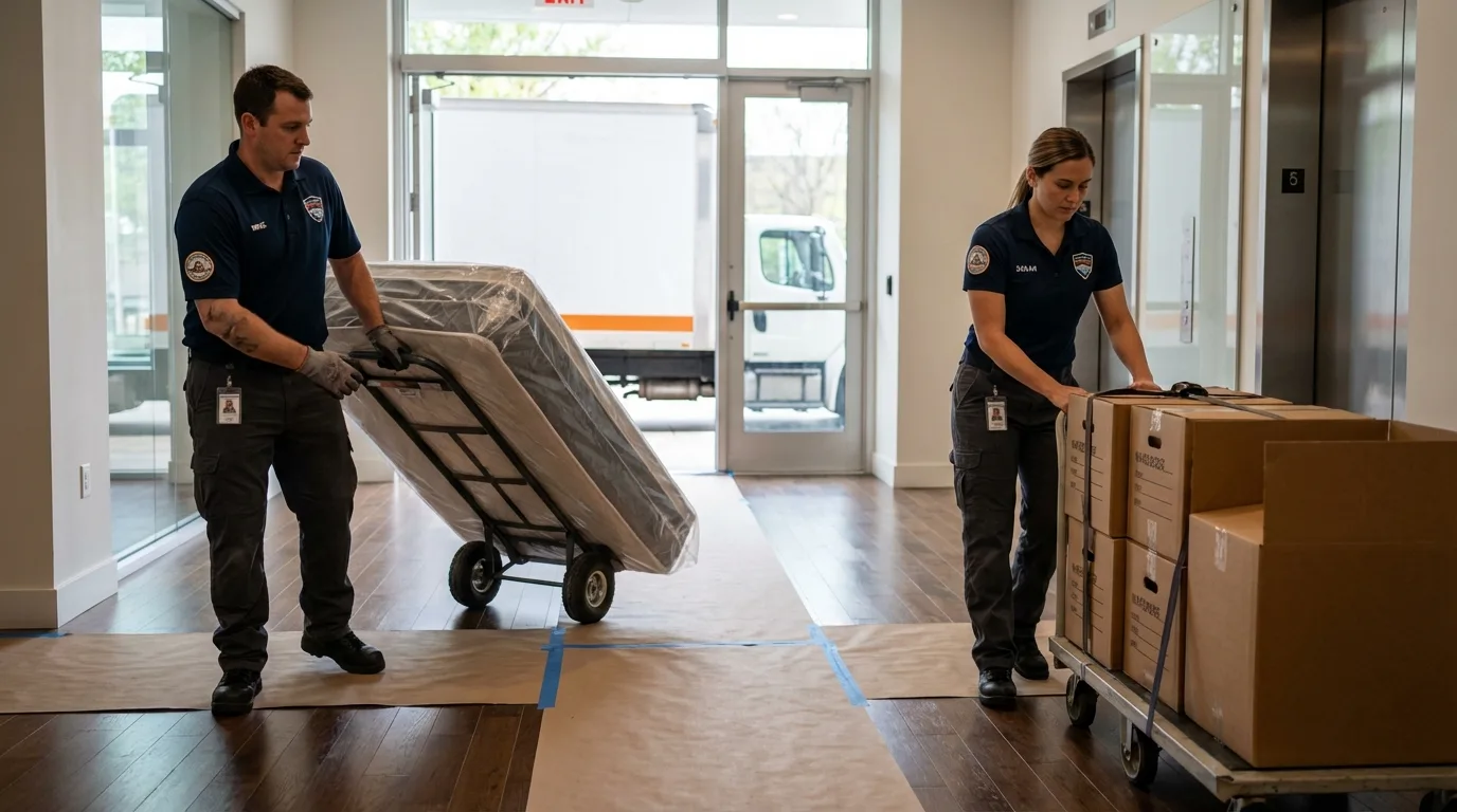 Professional apartment movers loading elevator in Pleasant Hill, MO