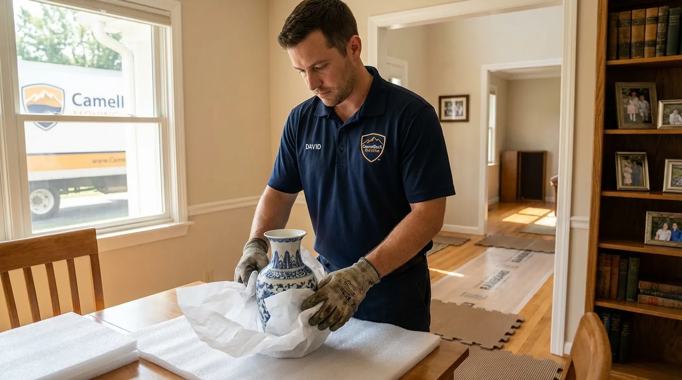 Professional crew carefully wrapping antique vase for senior downsizing move in Pleasant Hill, MO